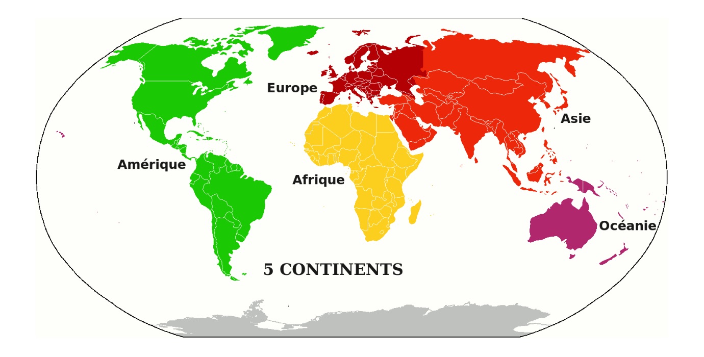  5 continents: Afrique, Amérique, Asie, Europe, Océanie (source: AzunuakTarur, CC0, via Wikimedia Commons). 