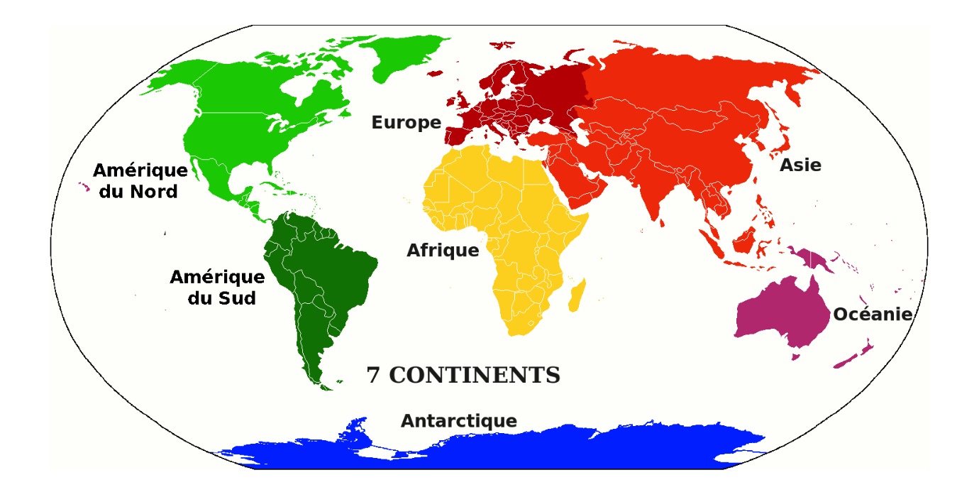  7 continents: Afrique, Amérique du Nord, Amérique du Sud, Antarctique, Asie, Europe, Océanie (source: AzunuakTarur, CC0, via Wikimedia Commons). 