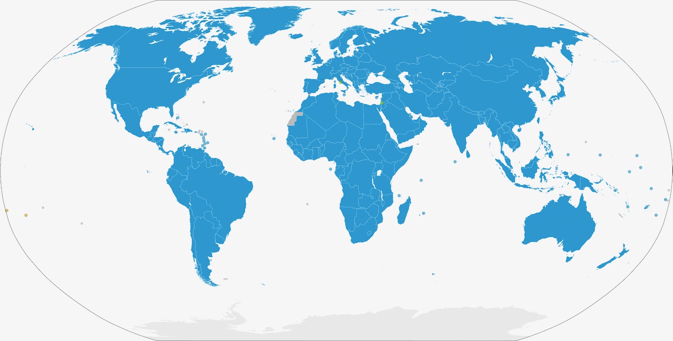  Carte A: États membres et territoires de l'ONU (sources: Lateiner [CC BY-SA 3.0] > Newfraferz87 [CC BY-SA 4.0], via Wikimedia Commons). 