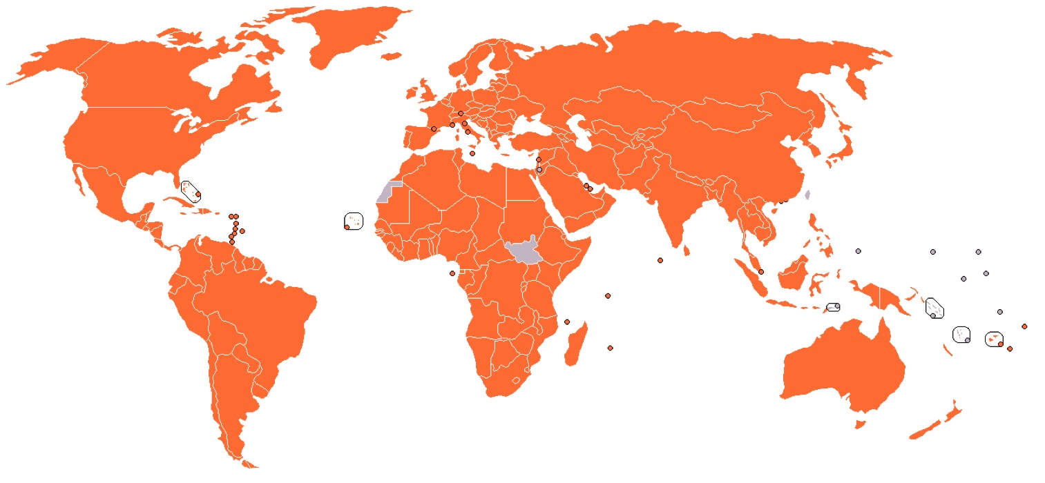  Carte B: États membres de l'OMPI, créée en 1967 (source: Alinor at the English-language Wikipedia, CC BY-SA 3.0, via Wikimedia Commons). 