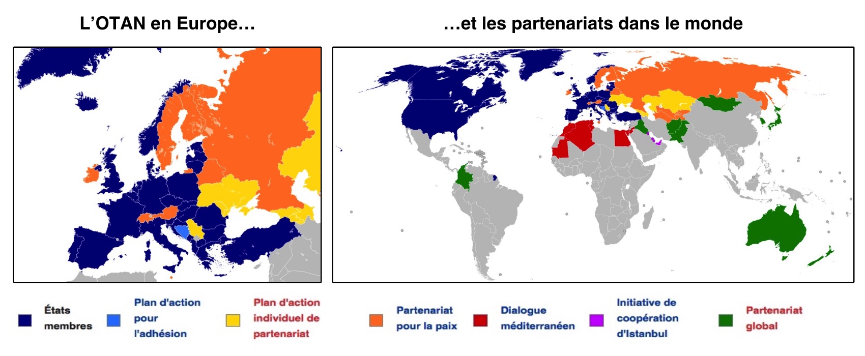 Cartes E & F (v3.5/2022): L'OTAN en Europe et ses partenariats dans le monde (source: Patrick, domaine public, via Wikimedia Commons