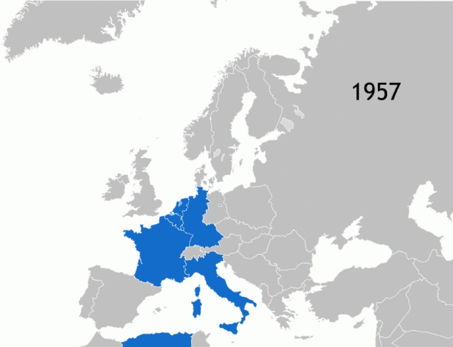 Cartes G à Q: Pays membres de l'Union européenne par ordre chronologique d'intégration ou de retrait (source: Kolja21, domaine public, via Wikimedia Commons).