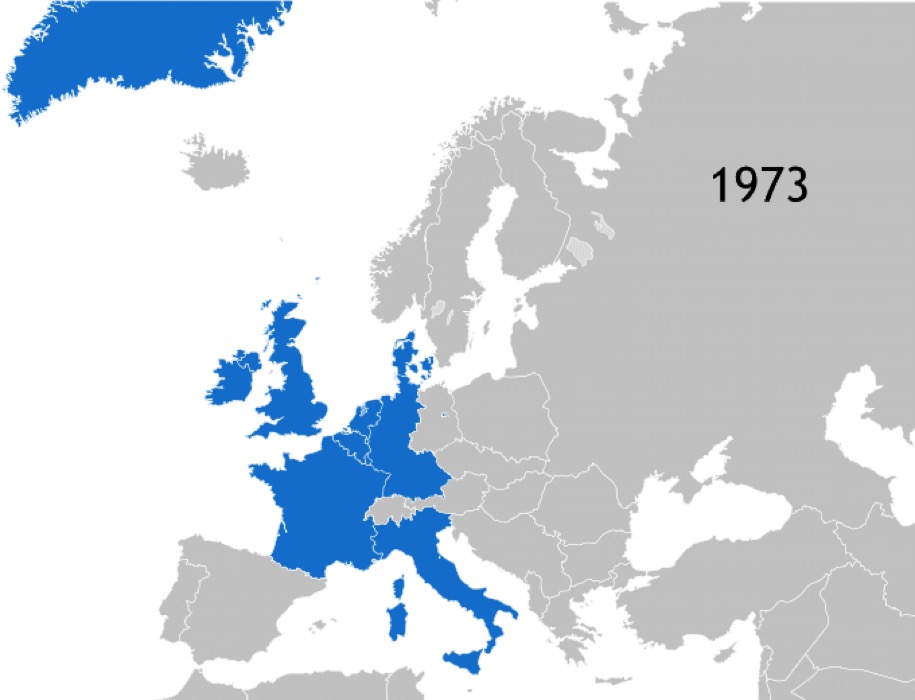 Cartes G à Q: Pays membres de l'Union européenne par ordre chronologique d'intégration ou de retrait (source: Kolja21, domaine public, via Wikimedia Commons).