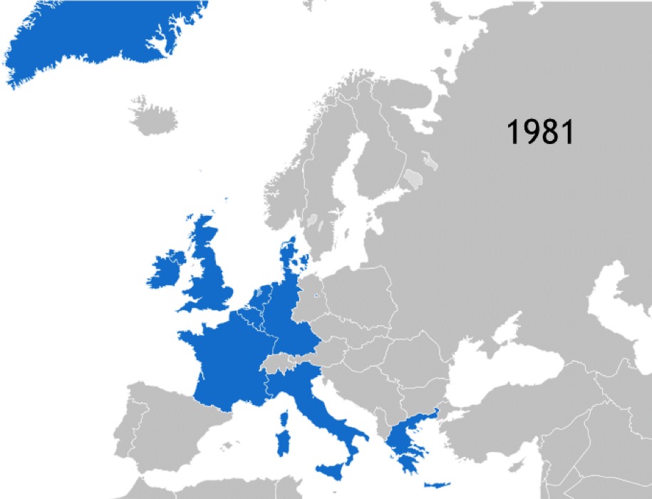 Cartes G à Q: Pays membres de l'Union européenne par ordre chronologique d'intégration ou de retrait (source: Kolja21, domaine public, via Wikimedia Commons).