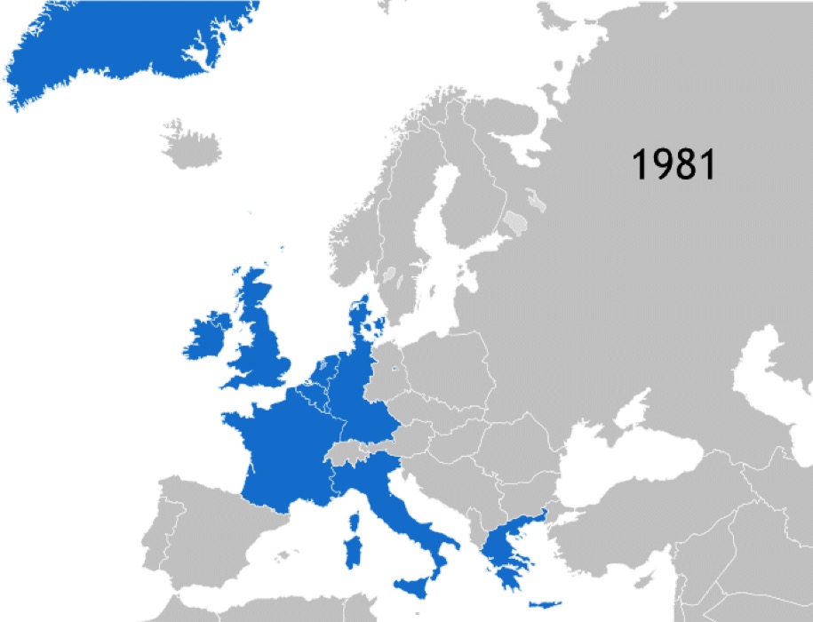  Cartes G à Q: Les pays membres de l'Union européenne par ordre chronologique d'intégration ou de retrait (source: Kolja21, domaine public, via Wikimedia Commons). 