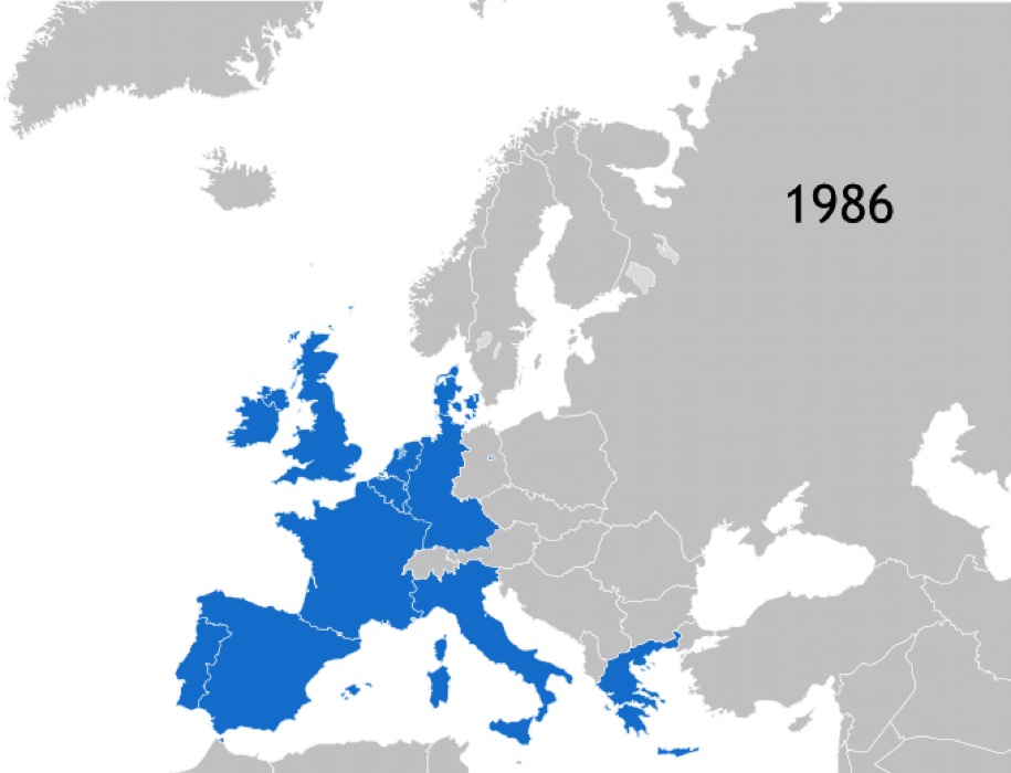 Cartes G à Q: Pays membres de l'Union européenne par ordre chronologique d'intégration ou de retrait (source: Kolja21, domaine public, via Wikimedia Commons).