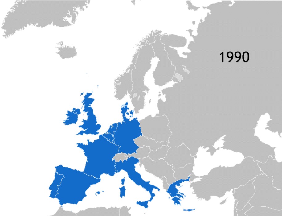 Cartes G à Q: Pays membres de l'Union européenne par ordre chronologique d'intégration ou de retrait (source: Kolja21, domaine public, via Wikimedia Commons).