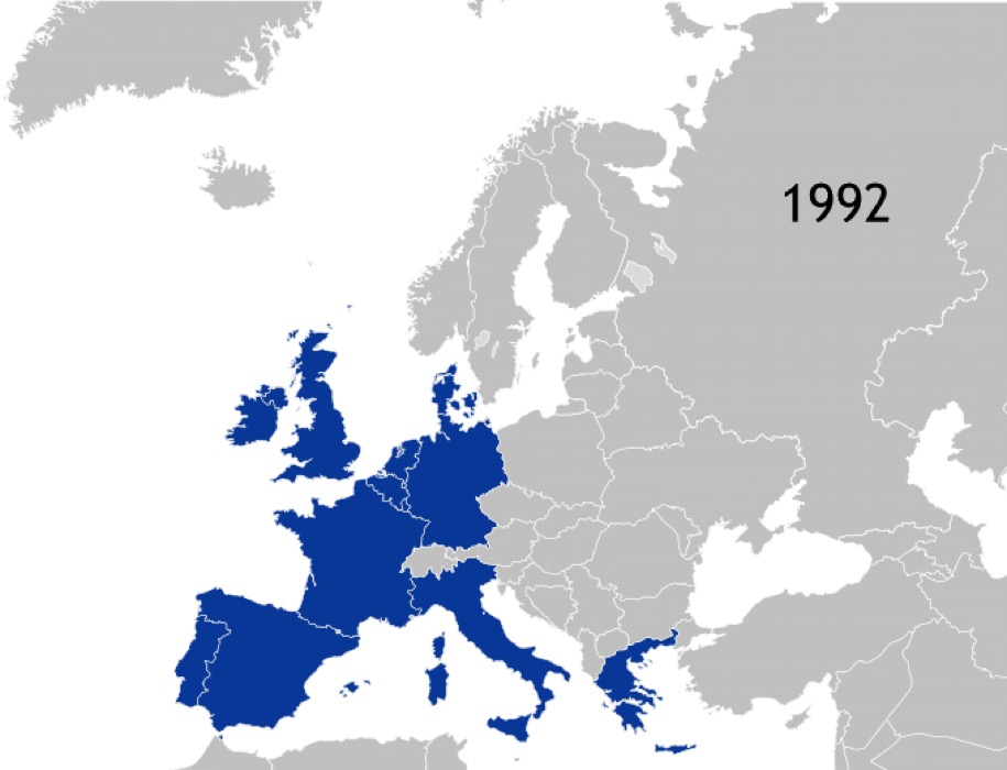 Cartes G à Q: Pays membres de l'Union européenne par ordre chronologique d'intégration ou de retrait (source: Kolja21, domaine public, via Wikimedia Commons).