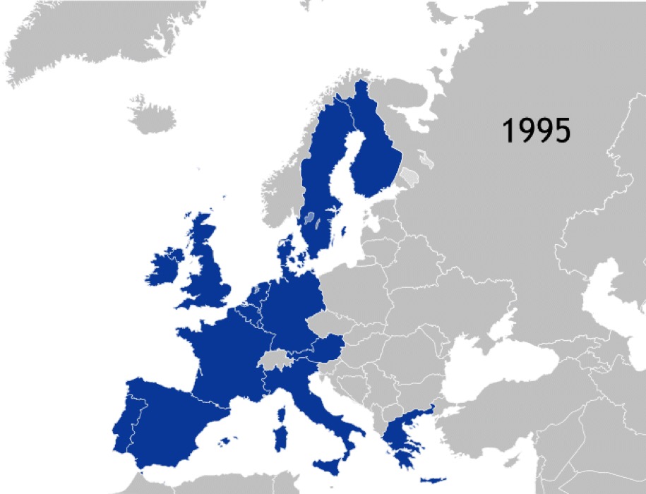 Cartes G à Q: Pays membres de l'Union européenne par ordre chronologique d'intégration ou de retrait (source: Kolja21, domaine public, via Wikimedia Commons).