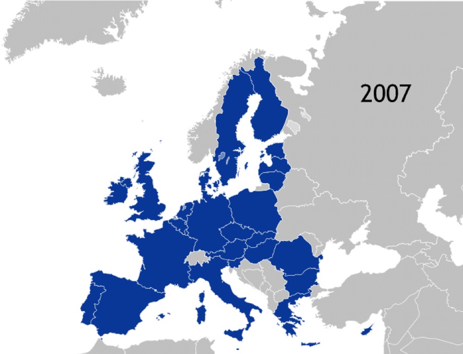  Cartes G à Q: Pays membres de l'Union européenne par ordre chronologique d'intégration ou de retrait (source: Kolja21, domaine public, via Wikimedia Commons). 