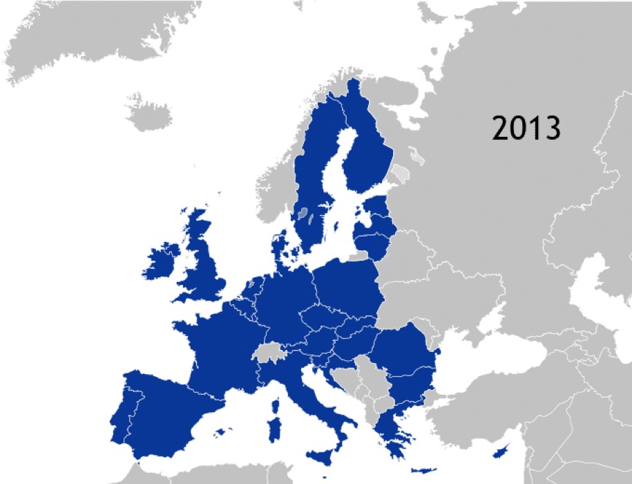 Cartes G à Q: Pays membres de l'Union européenne par ordre chronologique d'intégration ou de retrait (source: Kolja21, domaine public, via Wikimedia Commons).