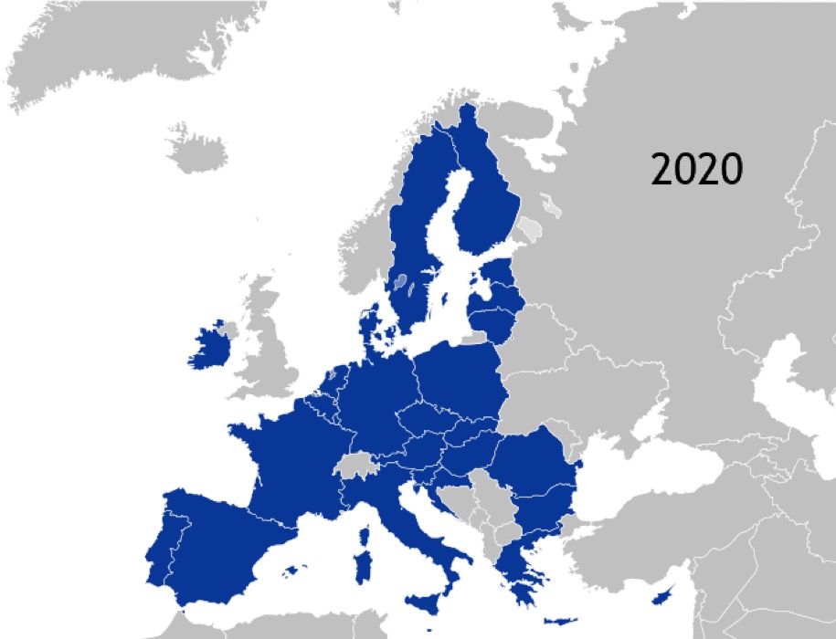 Cartes G à Q: Pays membres de l'Union européenne par ordre chronologique d'intégration ou de retrait (source: Kolja21, domaine public, via Wikimedia Commons).