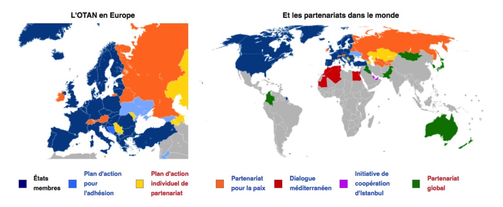 Cartes E & F (v3.8/2024): L'OTAN en Europe et ses partenariats dans le monde (source: Patrick sur Wikimedia Commons. Pour les mises à jour, se reporter aux légendes de la page source ci-dessous).