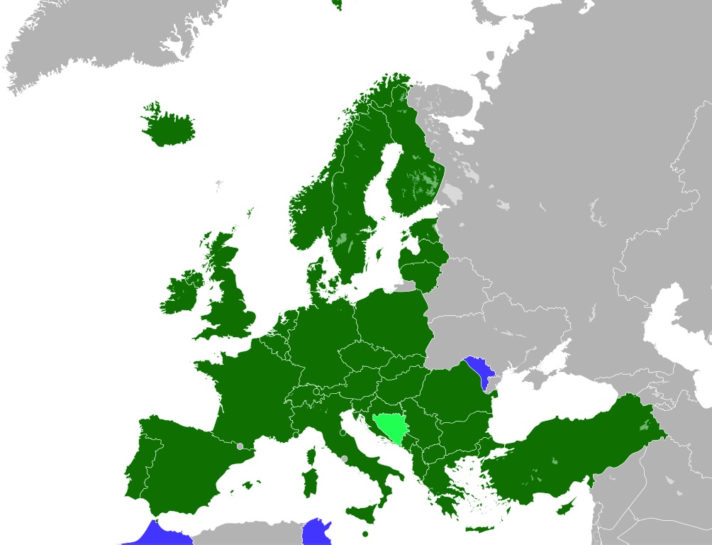 Carte S: États membres de l'Office européen des brevets, les membres de plein droit ainsi que les états d'extension (source: Kyat02, travail personnel, via Wikimedia Commons).