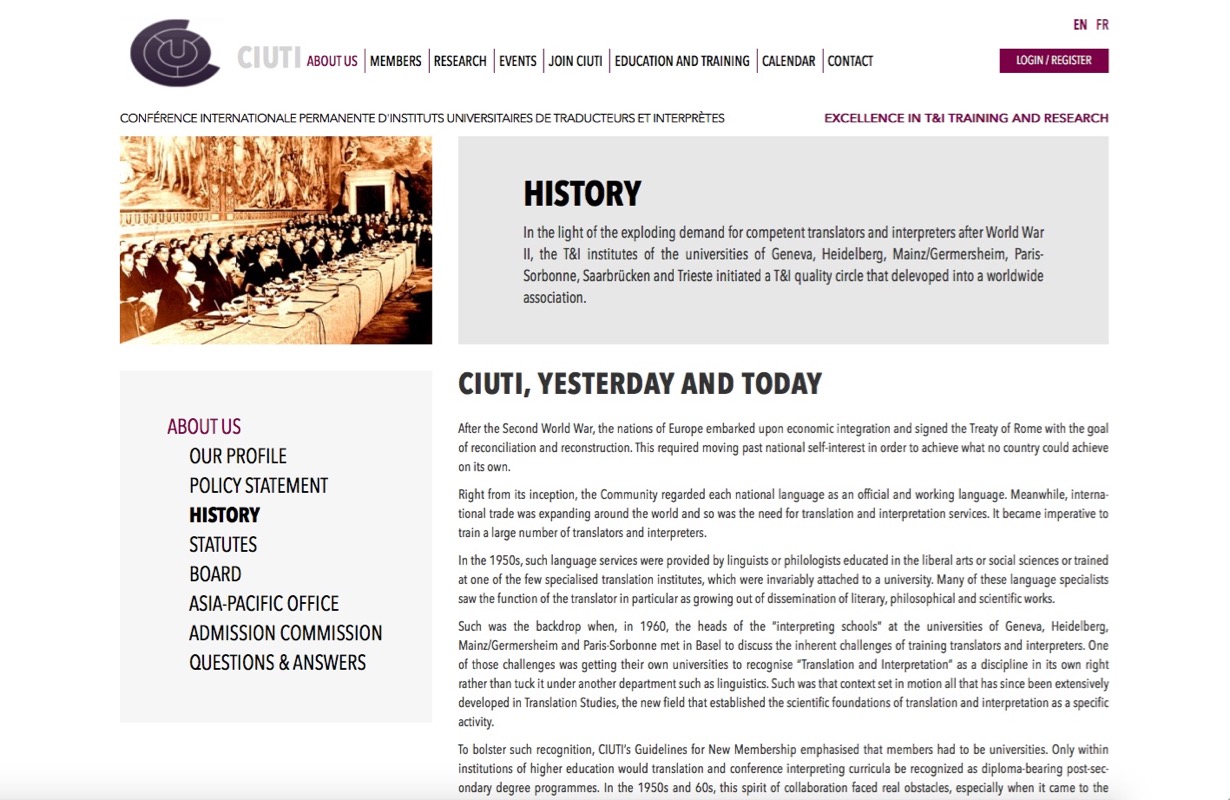  Image U: Capture d'écran de la page web dédiée à l'histoire de la CIUTI, académie internationale à laquelle l'institut universitaire dans lequel j'ai fait mes études de traduction spécialisée en sciences économiques de 10/1992 à 06/1998 est affilié. 