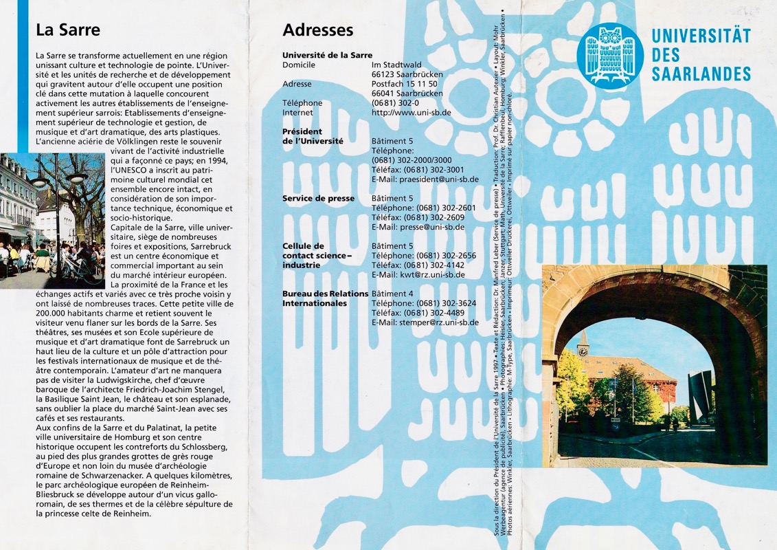 Images V1 à V4: Brochure de présentation diffusée en 1997 par l'Université de la Sarre, année de mes examens diplômants de fin d'études (1992-1998).