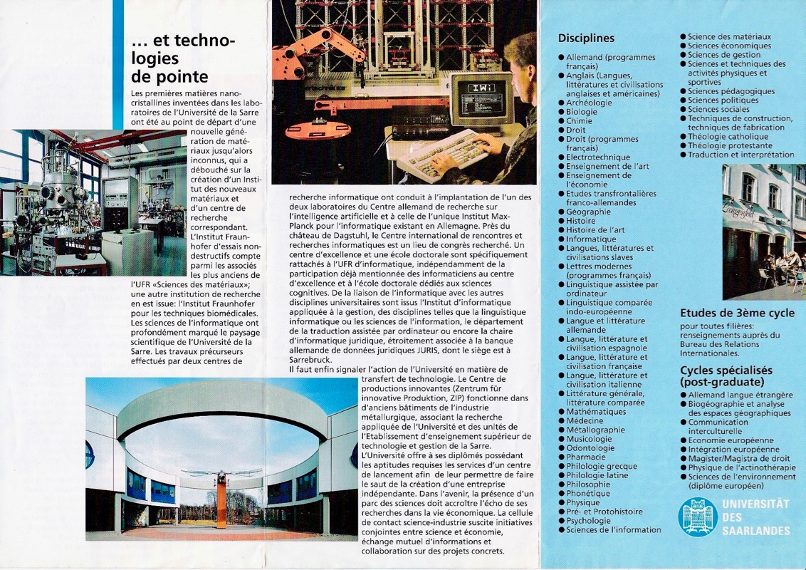 Images V1 à V4: Brochure de présentation diffusée en 1997 par l'Université de la Sarre, année de mes examens diplômants de fin d'études (1992-1998).